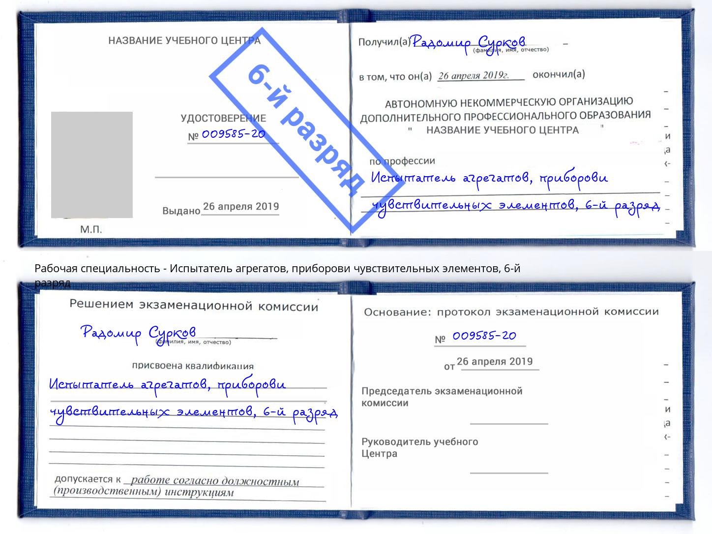 корочка 6-й разряд Испытатель агрегатов, приборови чувствительных элементов Кондопога