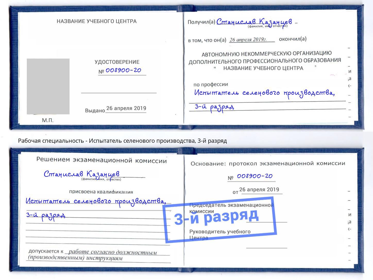 корочка 3-й разряд Испытатель селенового производства Кондопога
