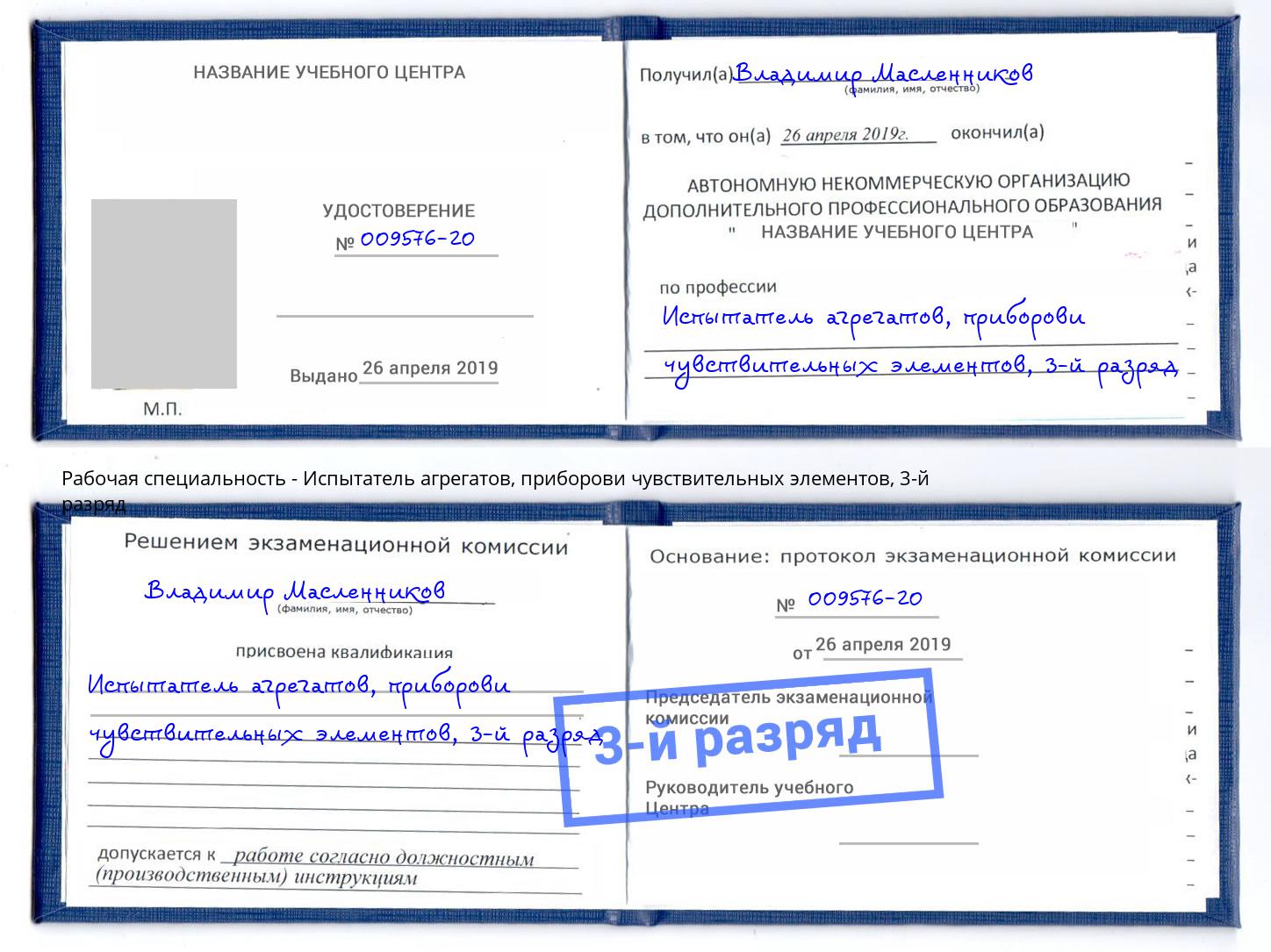 корочка 3-й разряд Испытатель агрегатов, приборови чувствительных элементов Кондопога
