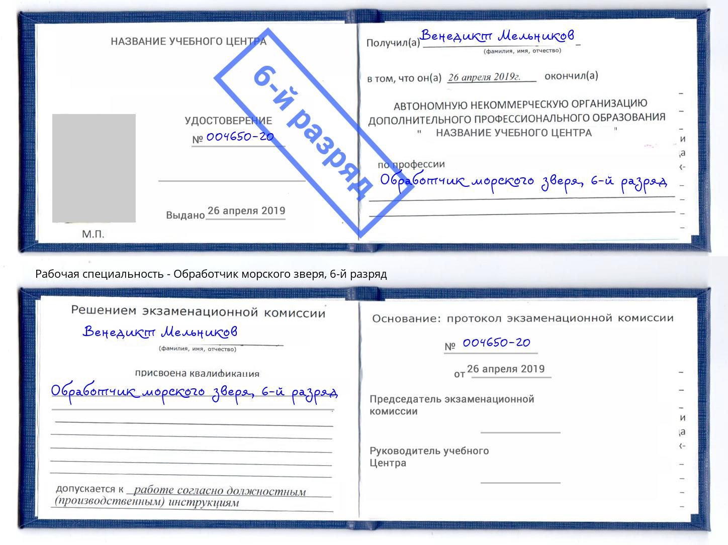 корочка 6-й разряд Обработчик морского зверя Кондопога