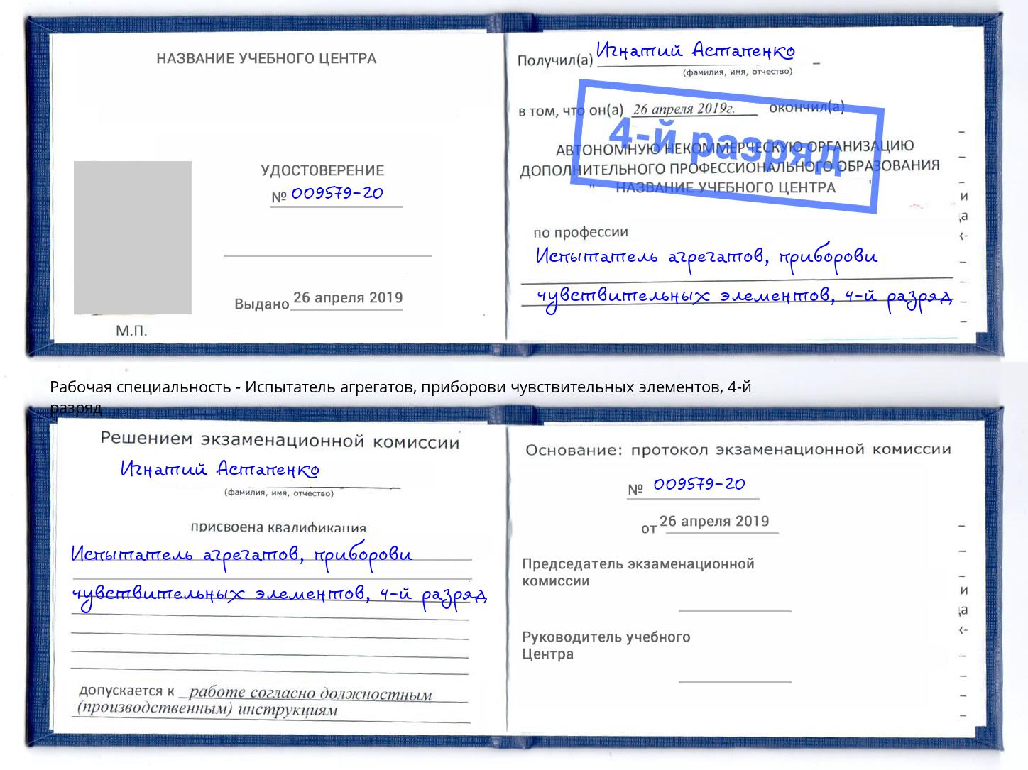 корочка 4-й разряд Испытатель агрегатов, приборови чувствительных элементов Кондопога
