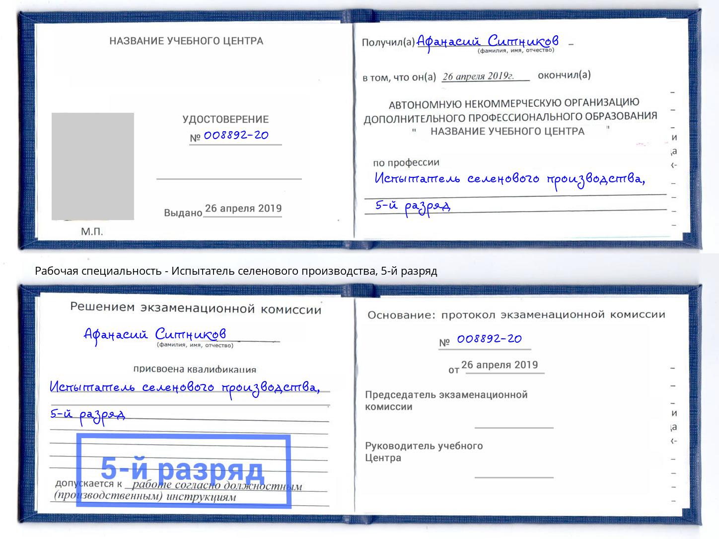 корочка 5-й разряд Испытатель селенового производства Кондопога