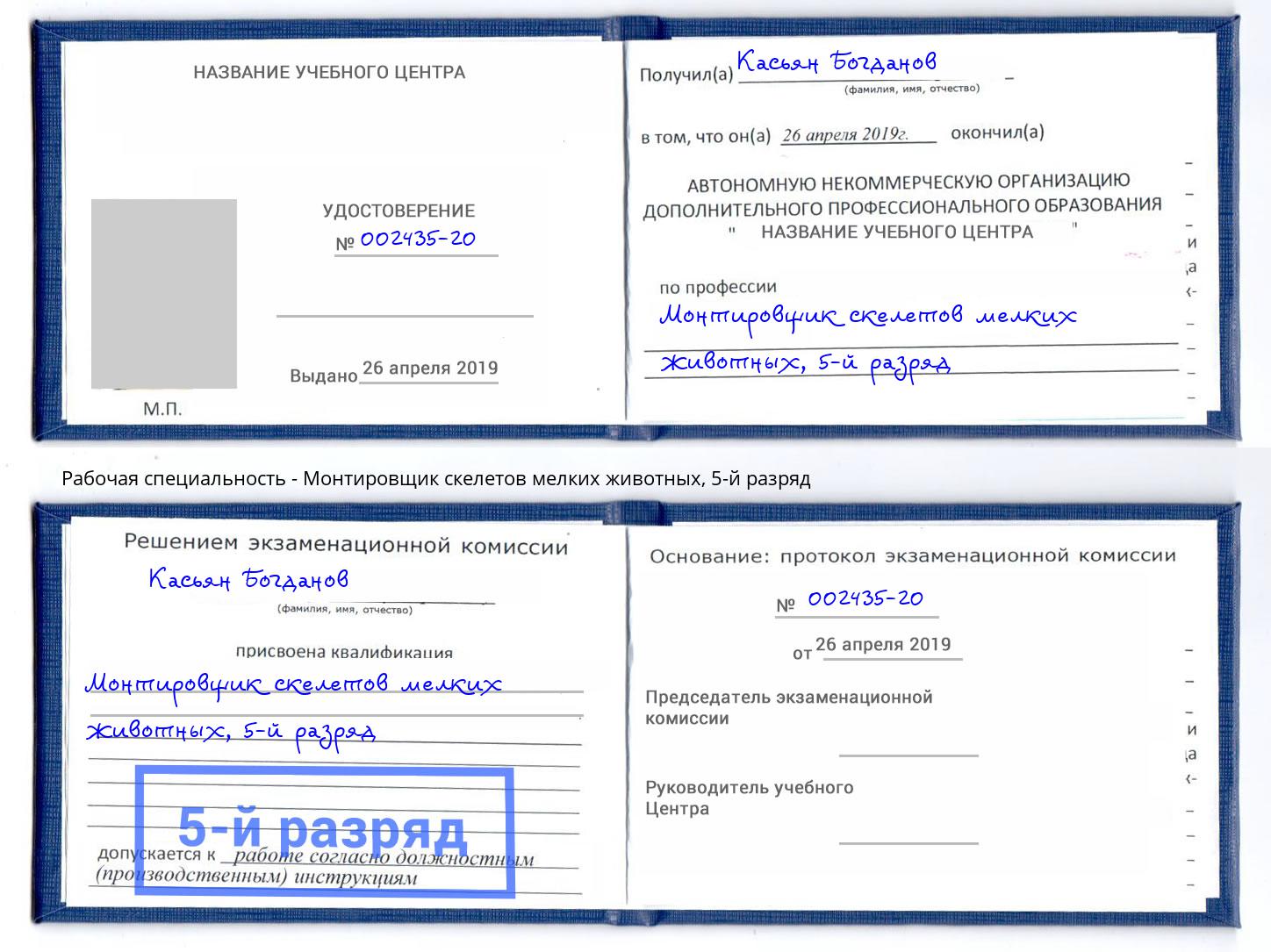 корочка 5-й разряд Монтировщик скелетов мелких животных Кондопога