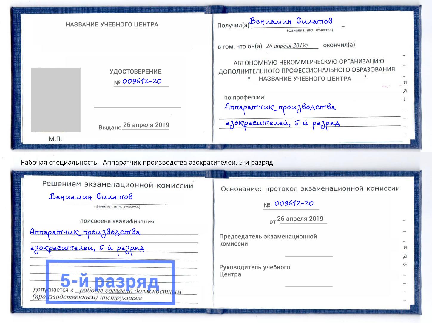 корочка 5-й разряд Аппаратчик производства азокрасителей Кондопога