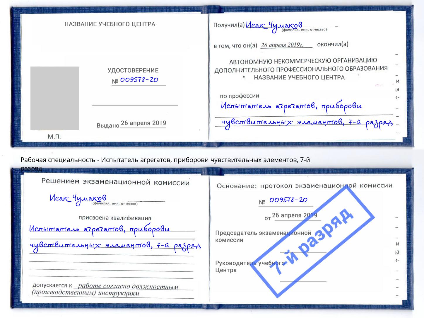 корочка 7-й разряд Испытатель агрегатов, приборови чувствительных элементов Кондопога