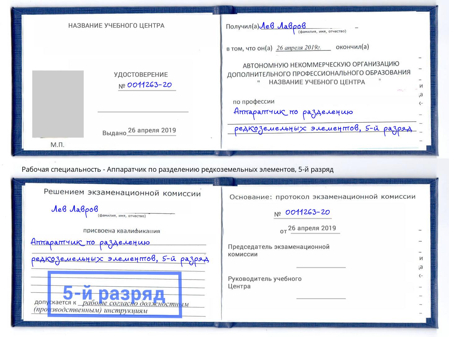 корочка 5-й разряд Аппаратчик по разделению редкоземельных элементов Кондопога