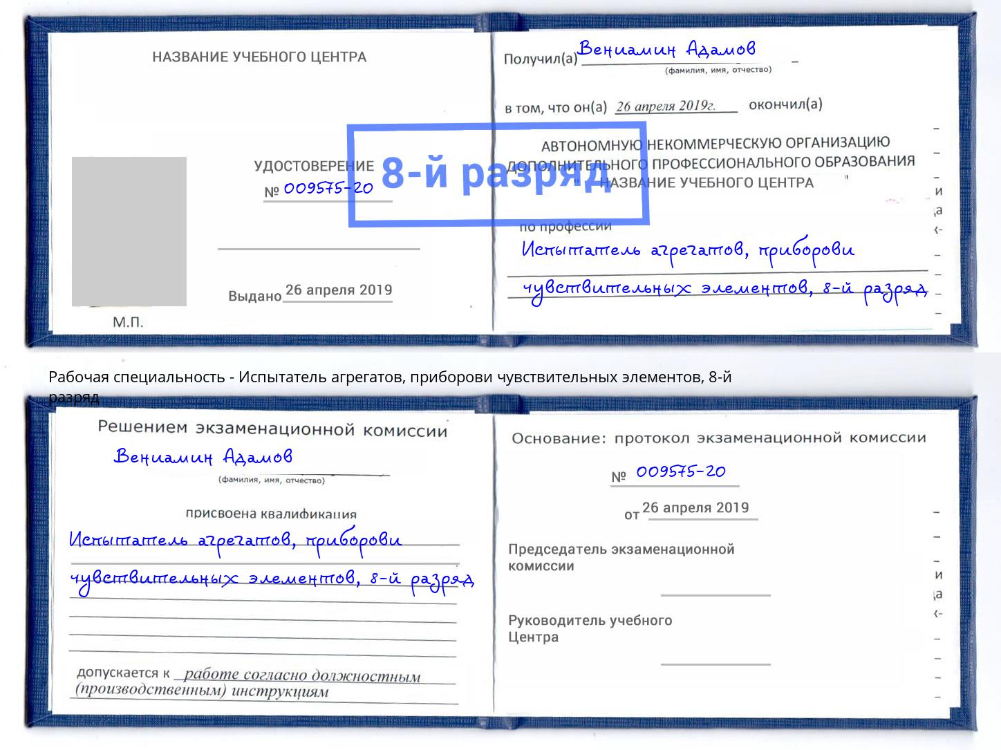 корочка 8-й разряд Испытатель агрегатов, приборови чувствительных элементов Кондопога